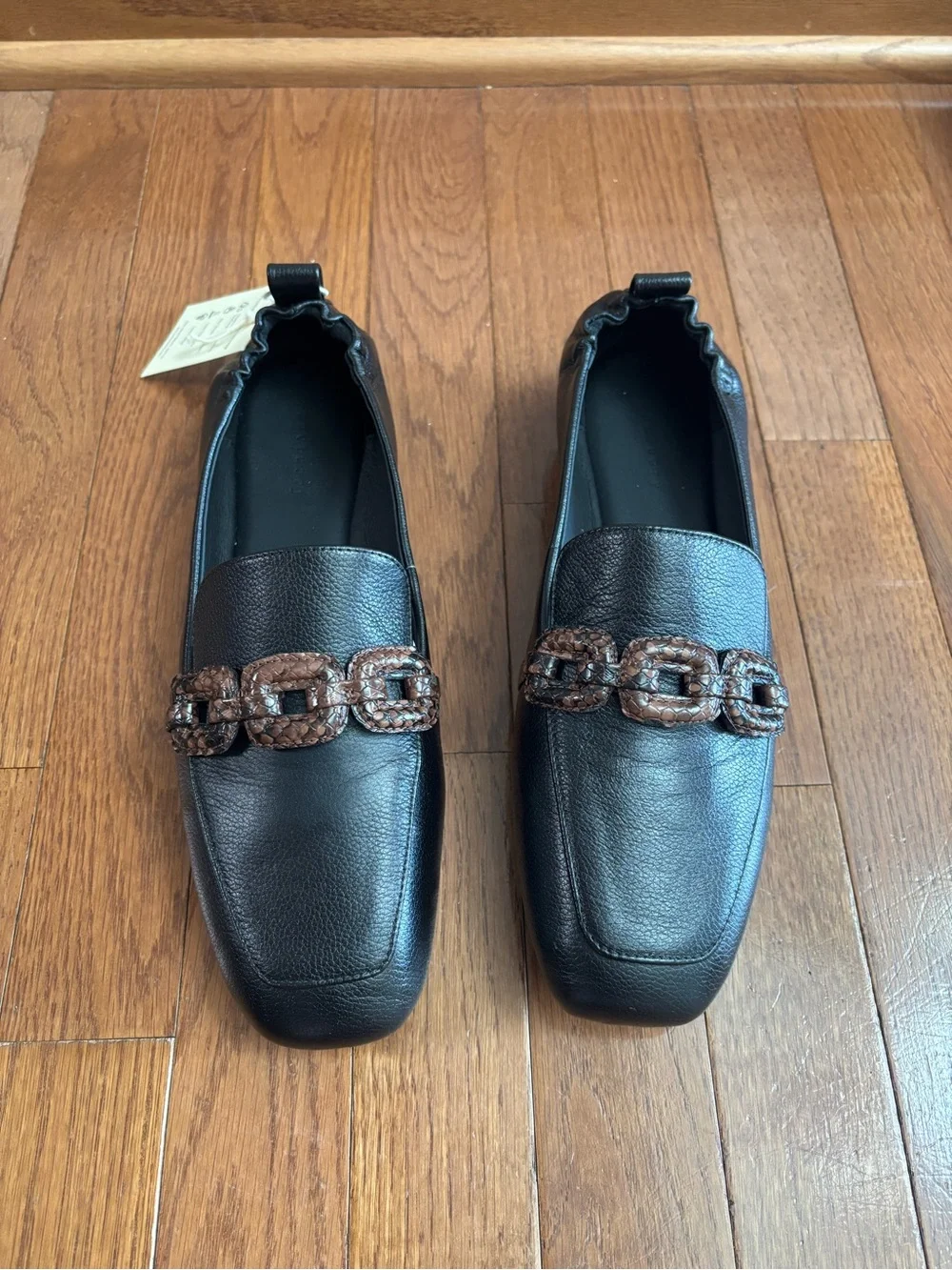 Sanctuary Black Slip on Loafers with Brown Buckles